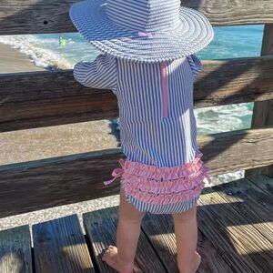 Ruffle Butts Blue and White Striped Shirt with Pink Collar